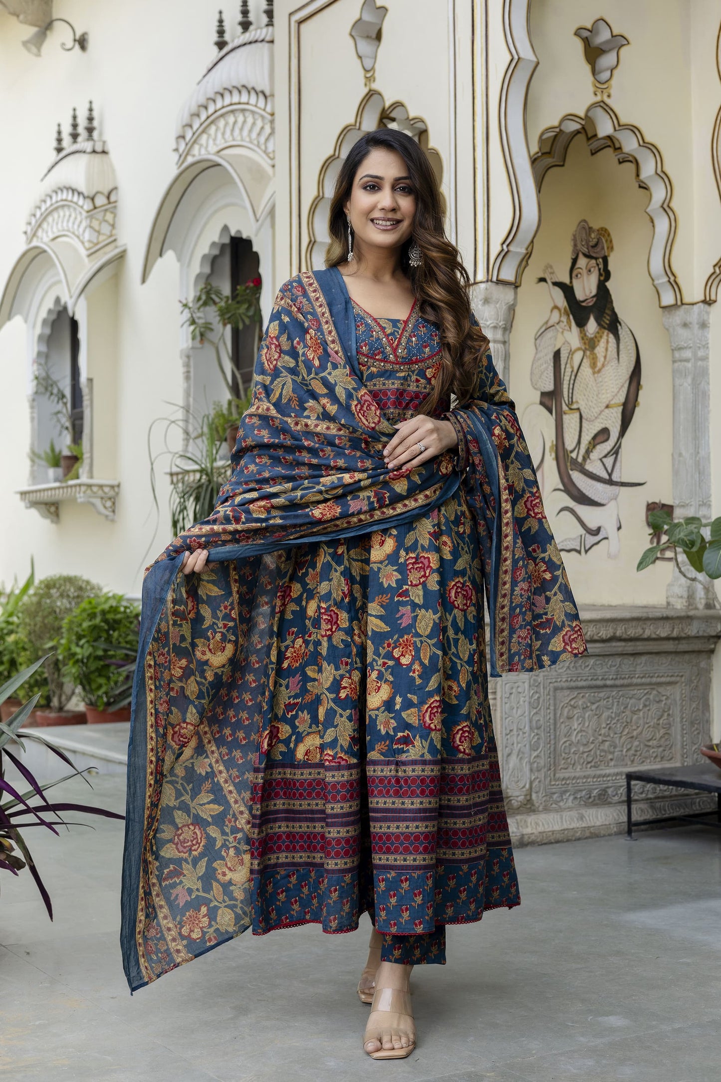 BLUISH FLORISH DRESS IN COTTON - SET OF 3 - BLUE