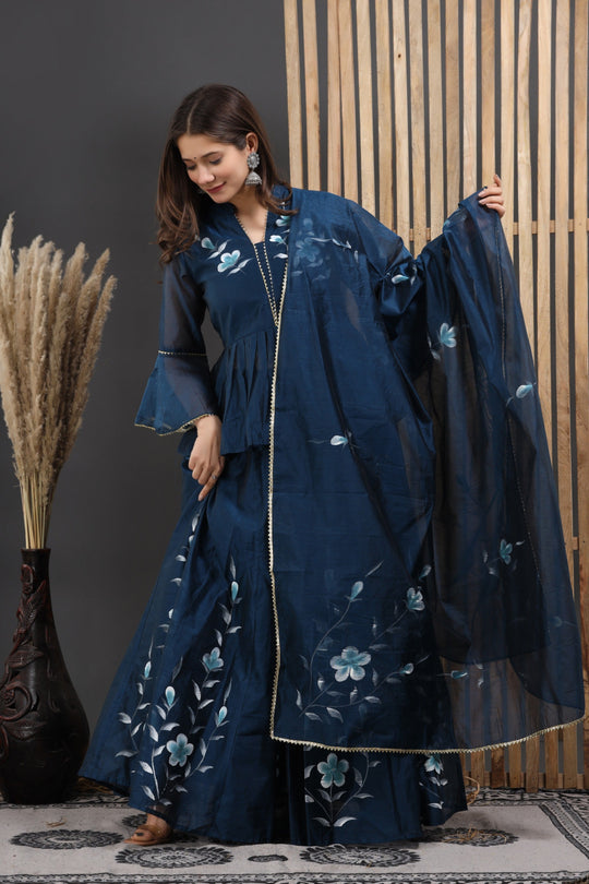 In.CottoM - INDIAN FLARED HAND PAINTED CHANDERI LEHENGA KURTI DUPATTA SET