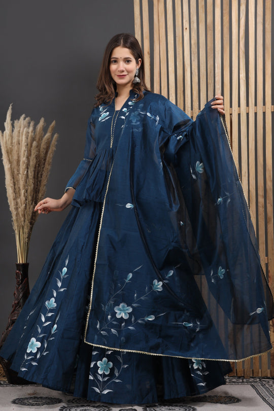 In.CottoM - INDIAN FLARED HAND PAINTED CHANDERI LEHENGA KURTI DUPATTA SET