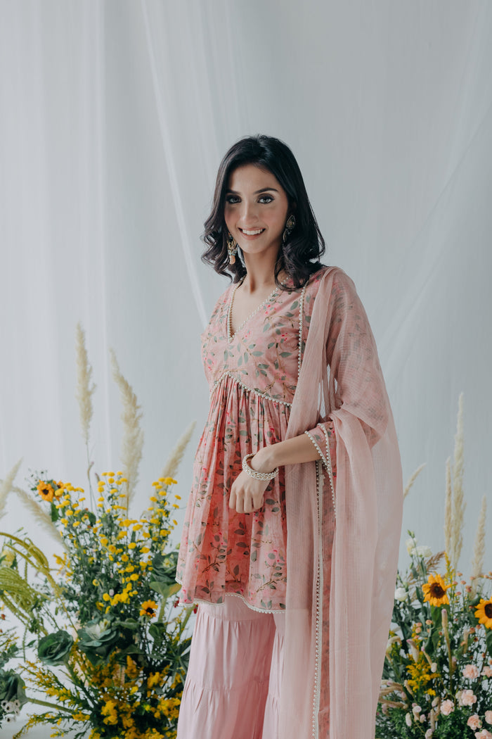 PASTEL PINK PRINTED COTTON KURTA SHARARA - SET OF 3