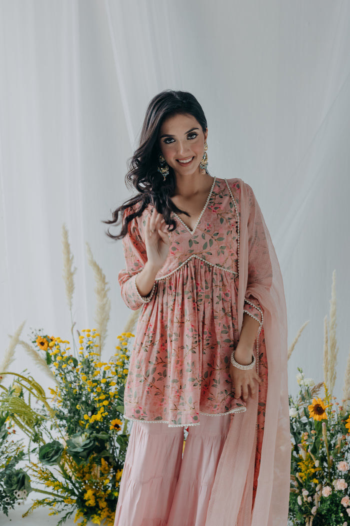 PASTEL PINK PRINTED COTTON KURTA SHARARA - SET OF 3