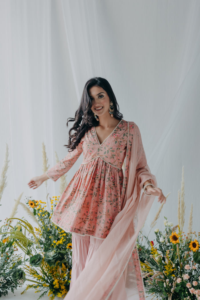 PASTEL PINK PRINTED COTTON KURTA SHARARA - SET OF 3