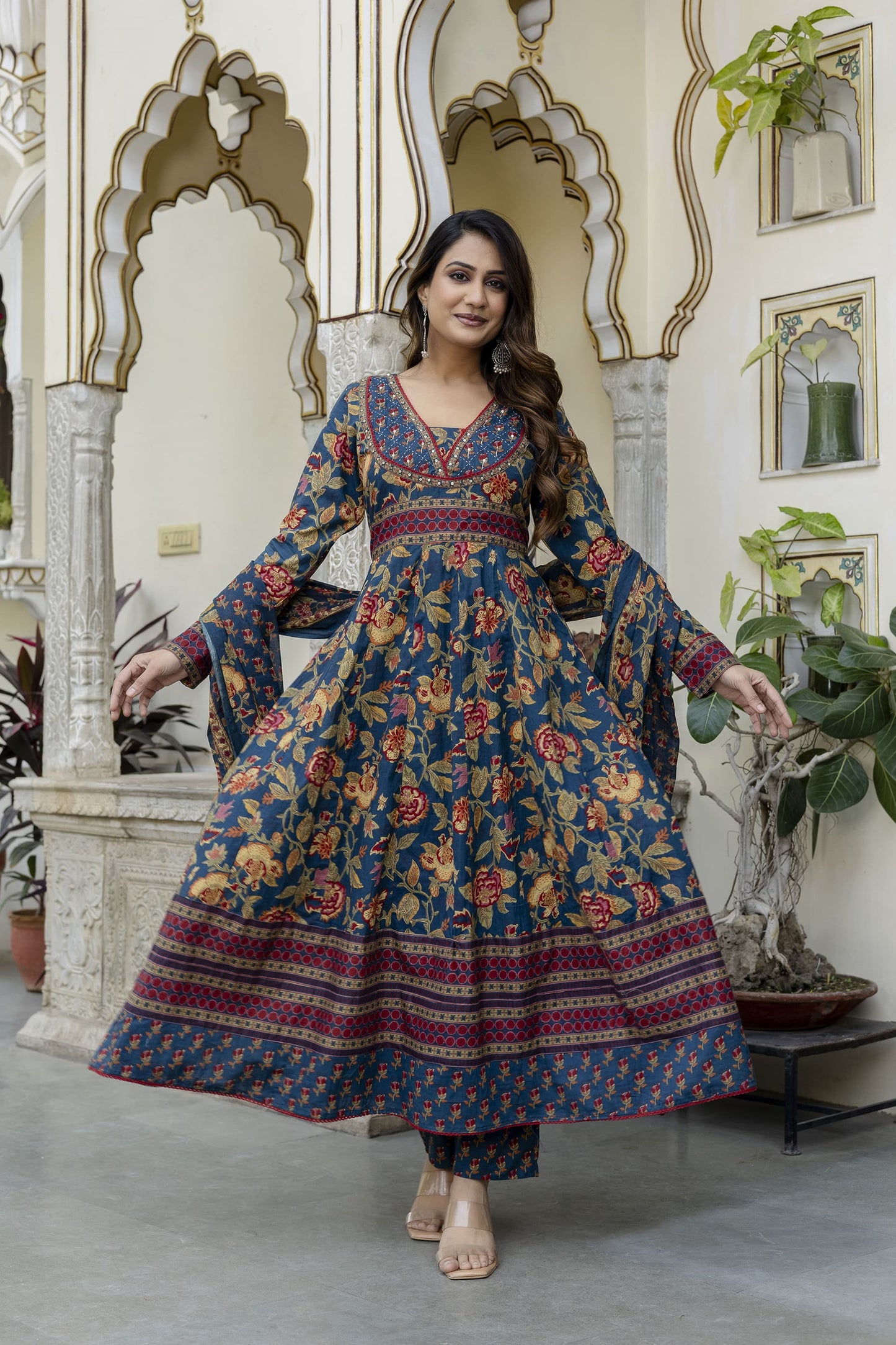 BLUISH FLORISH DRESS IN COTTON - SET OF 3 - BLUE