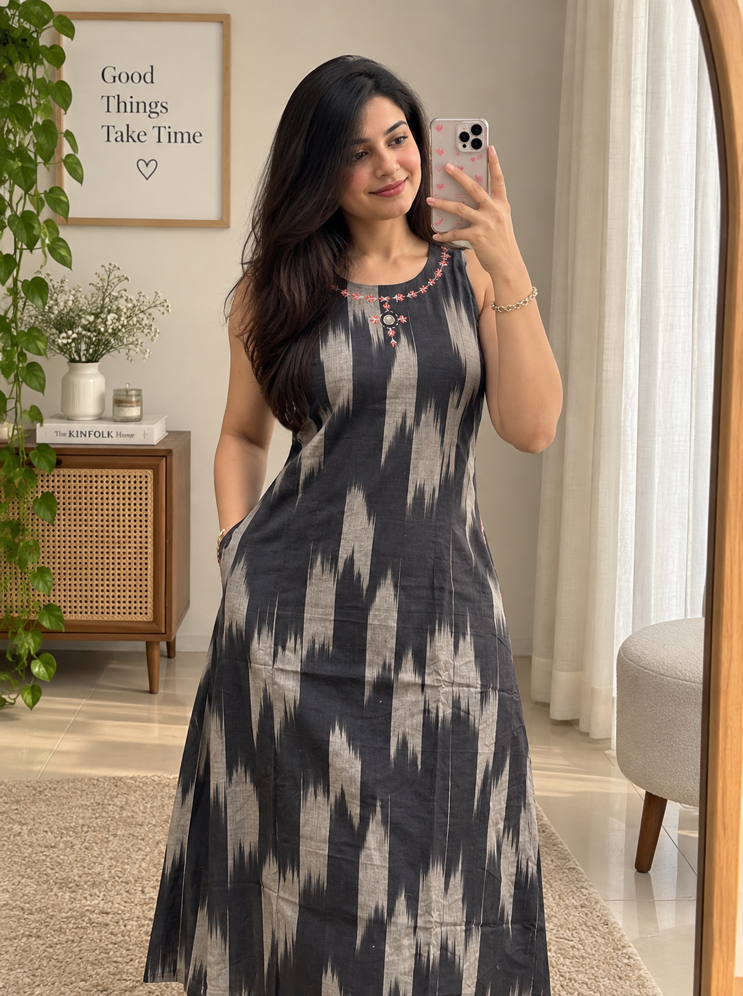 COTTON SLEEVELESS IKAT PRINT KURTA & PLAZZO CO-ORD SET