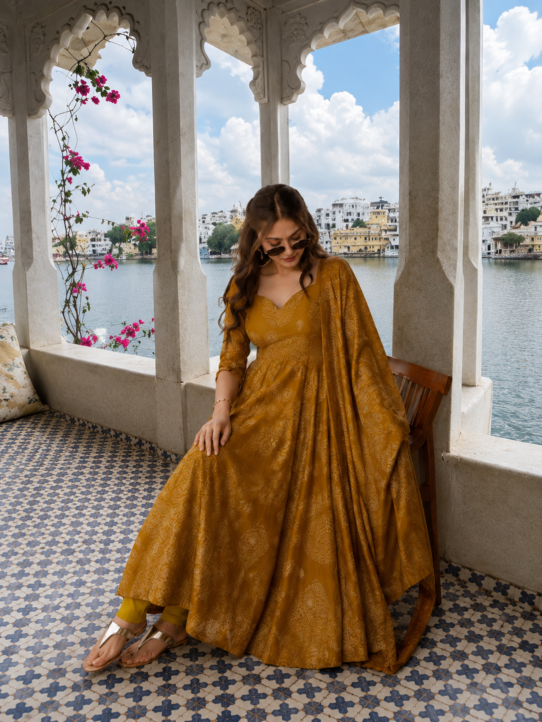 PRAAKSH - MUSTARD ANARKALI DRESS WITH WORK ON DUPATTA