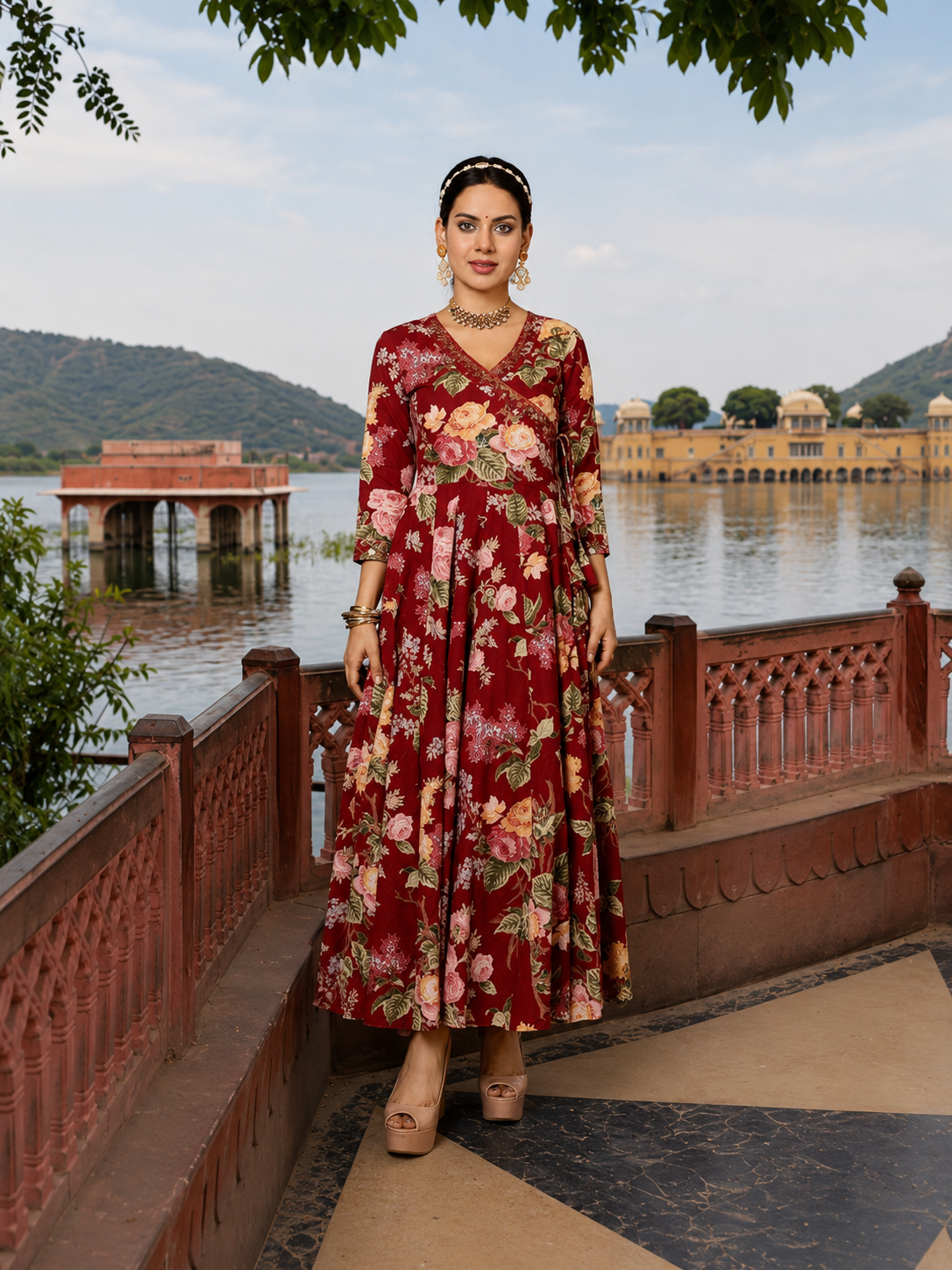 MAROON COTTON CALF LENGTH PRINTED AGRAKHA ANARKALI KURTA SUIT SET