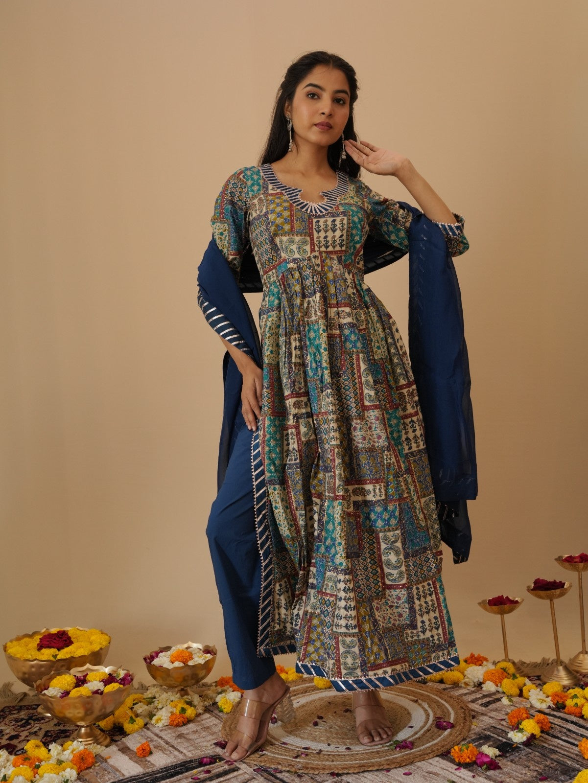PURE COTTON FOIL PRINT WITH PATCH WORK (A-LINE) KURTA SET