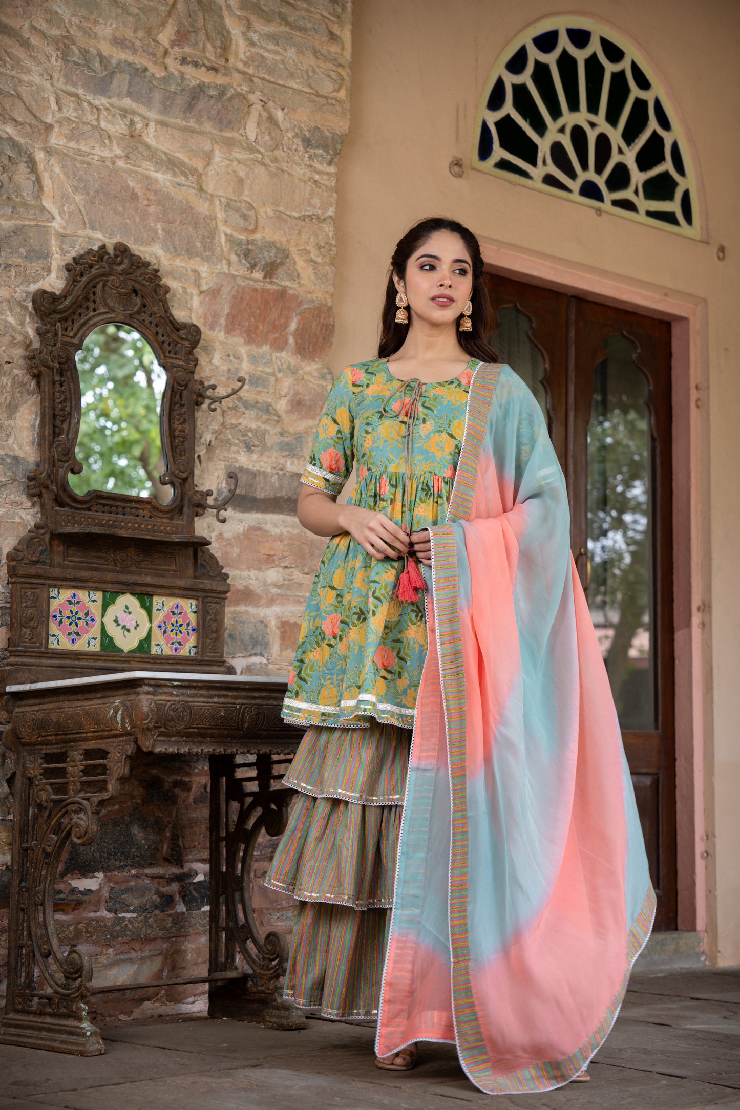 PISTABEON FLORAL PRINTED THREE PIECE SHARARA SET