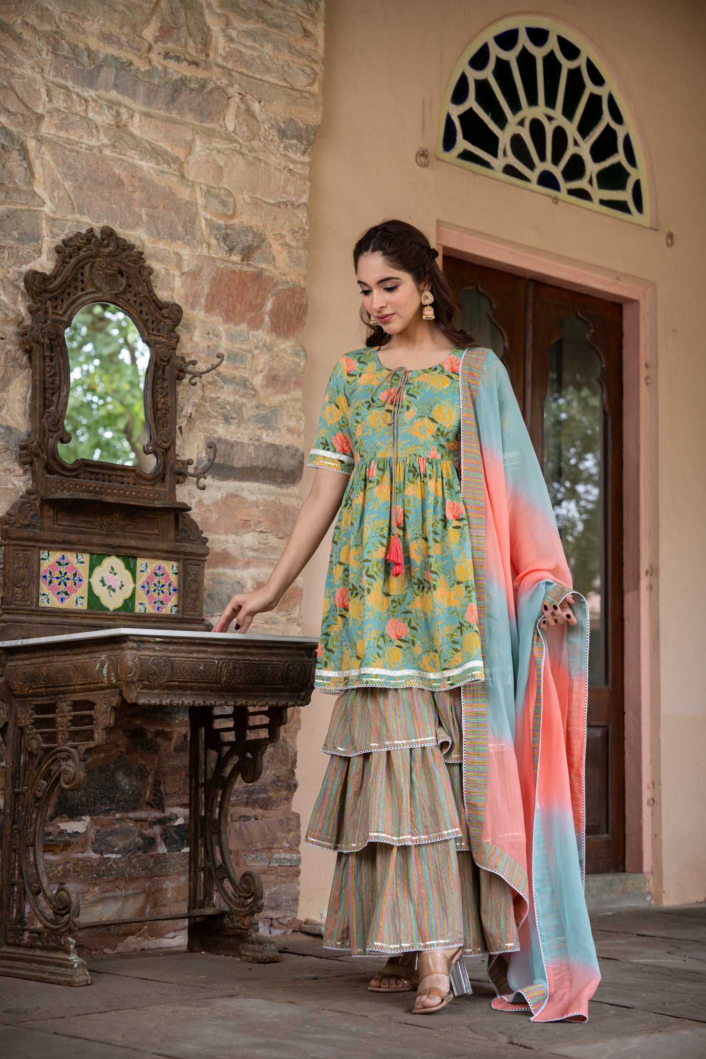 PISTABEON FLORAL PRINTED THREE PIECE SHARARA SET