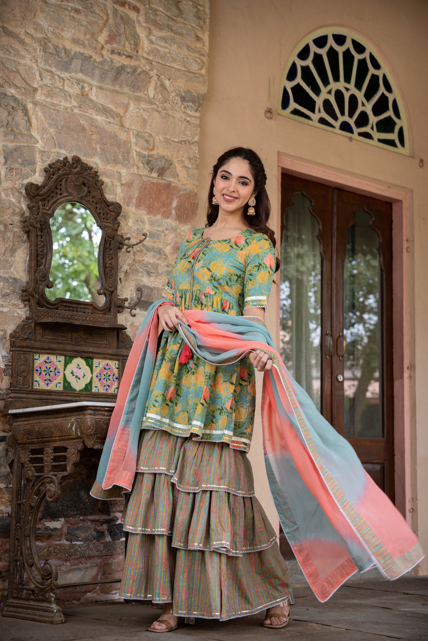PISTABEON FLORAL PRINTED THREE PIECE SHARARA SET