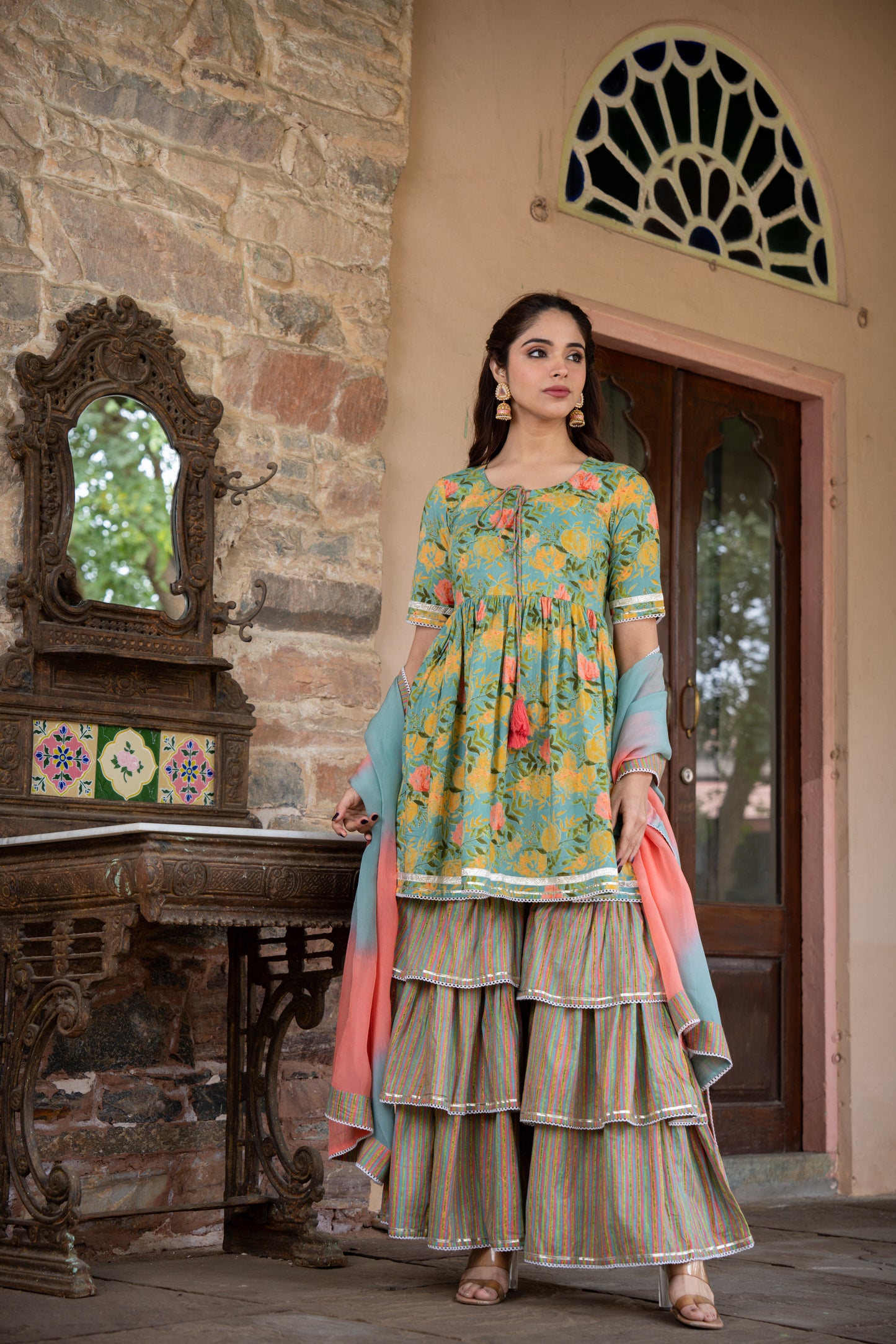 PISTABEON FLORAL PRINTED THREE PIECE SHARARA SET