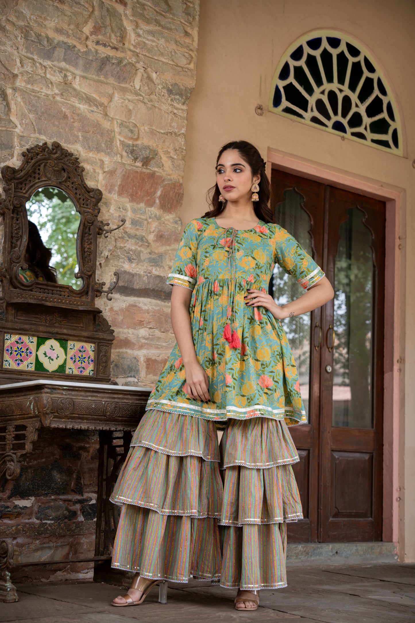 PISTABEON FLORAL PRINTED THREE PIECE SHARARA SET