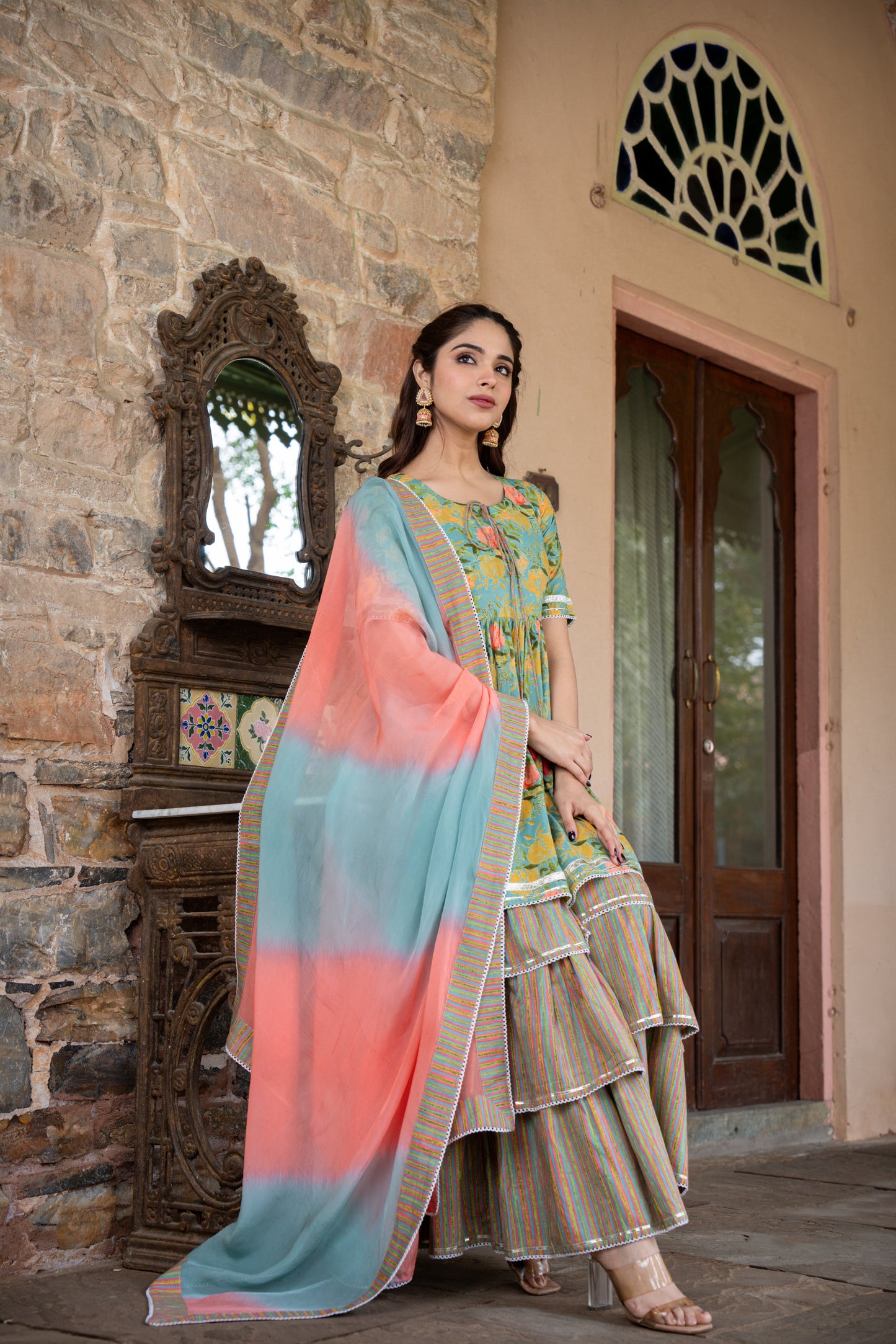 PISTABEON FLORAL PRINTED THREE PIECE SHARARA SET