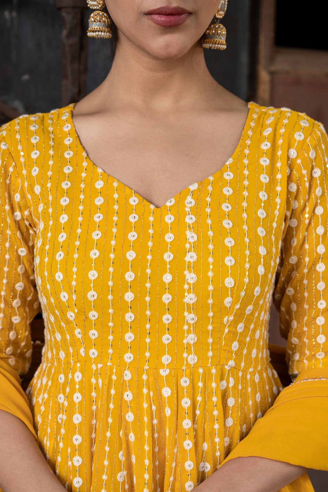 MUSTARD CHIKANKARI ANARKALI DRESS