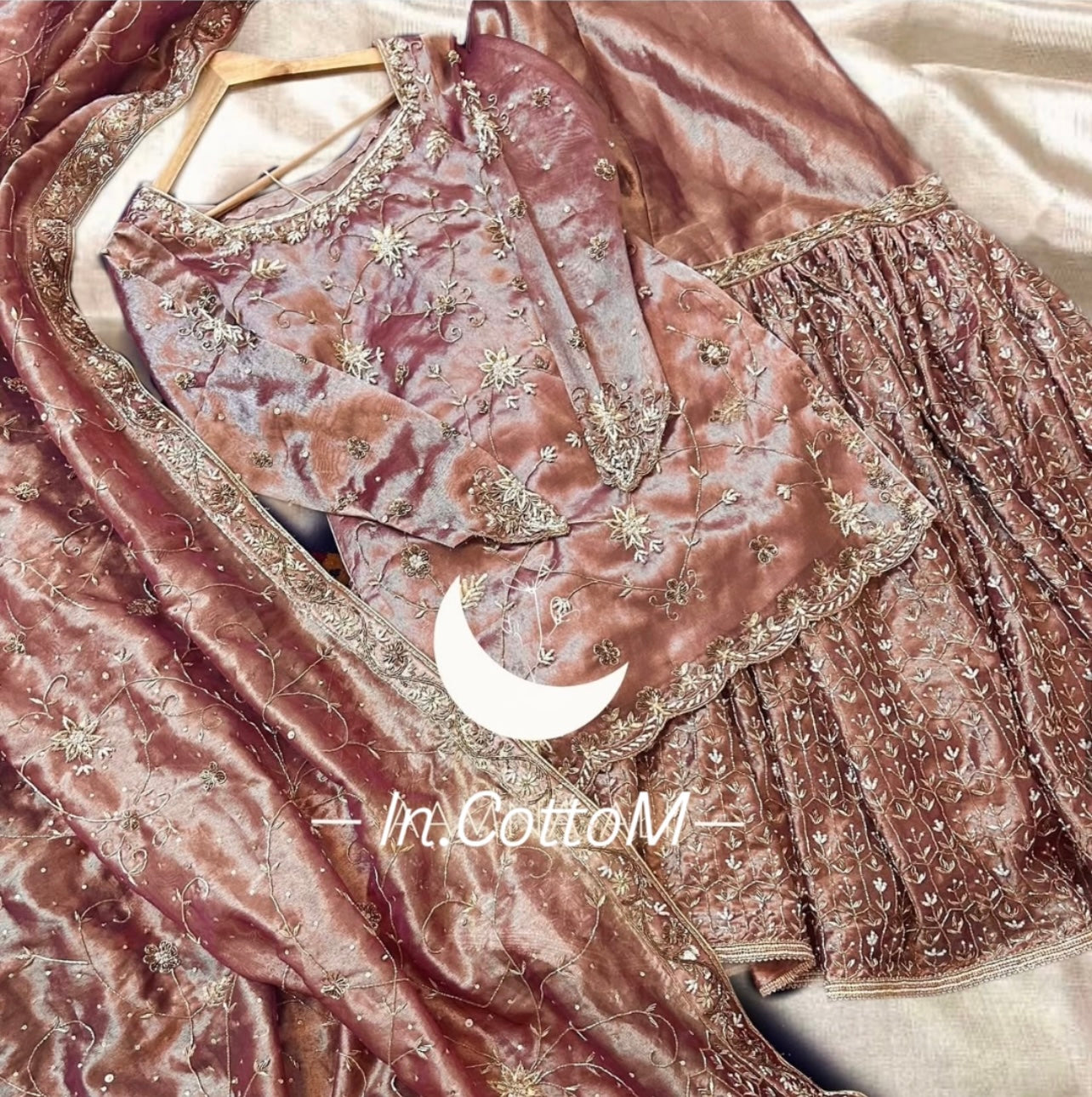 InCottoM - SILVER BROWN SILK TOP - SHARARA AND DUPATTA - SET OF 3