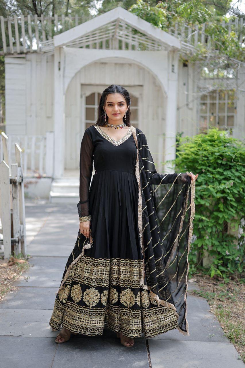 SABYASACHI INSPIRED BLACK & RED READYMADE ANARKALI GOWN WITH DUPATTA (FULLY STTITCHED )