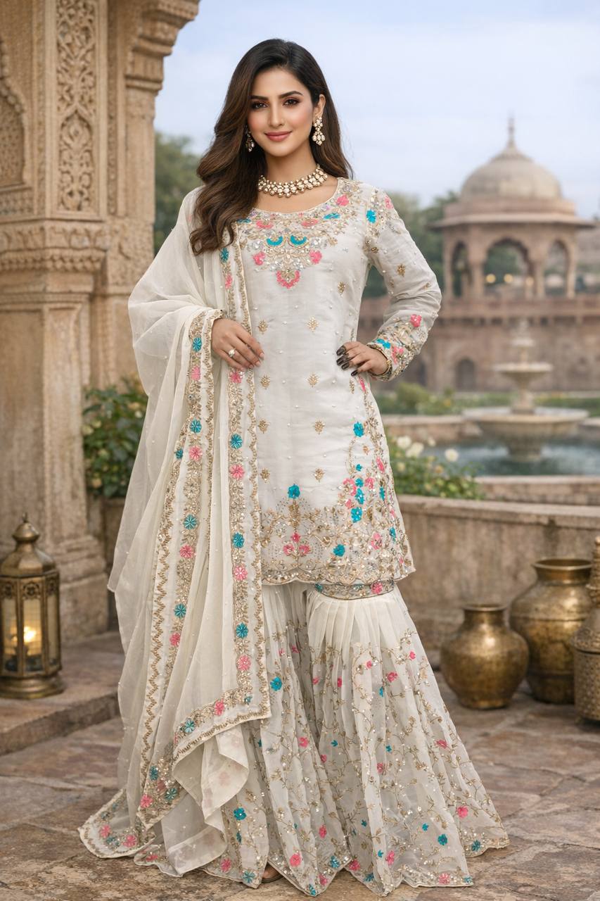 JMC SILK DESIGNER TOP-SHARARA-DUPATTA SET WITH SEQUENCE & RIVET MOTI WORK