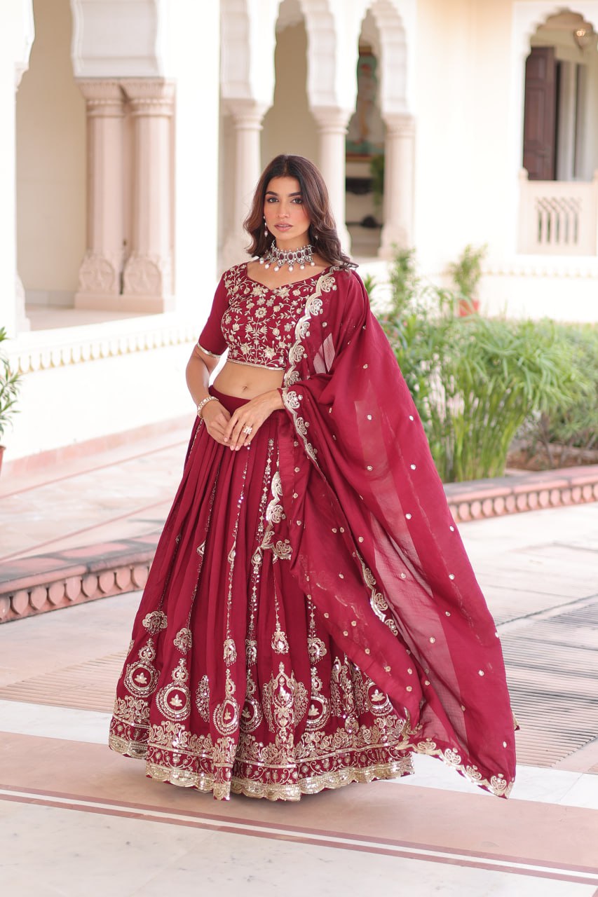 MAROON ELEGANT VICHITRA SILK FULL-STTITCHED LEHENGA SET