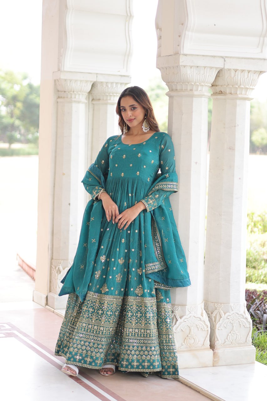SKY BLUE ANARKALI IN SILVER CRUNCHY WITH SEQUENCE EMBROIDERY WORK & DUPATTA