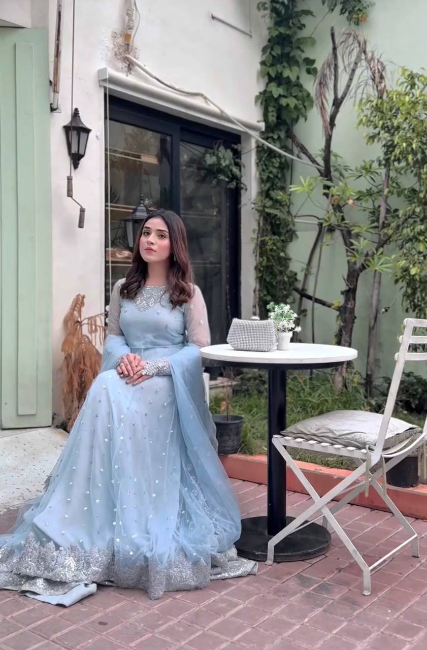 FAUX GEORGETTE EMBROIDERED GOWN WITH LEHENGA & BUTTERFLY NET DUPATTA