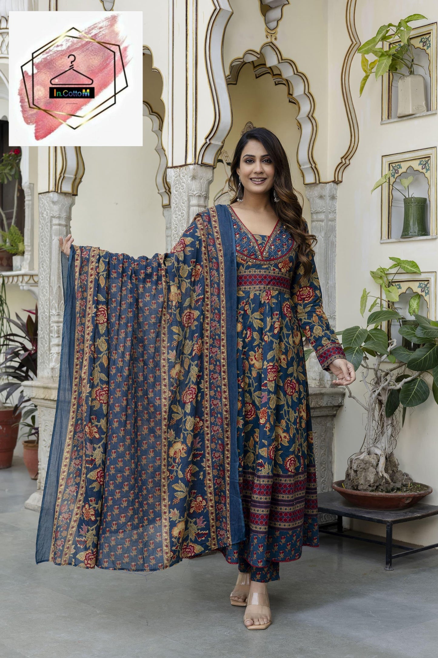 BLUISH FLORISH DRESS IN COTTON - SET OF 3 - BLUE