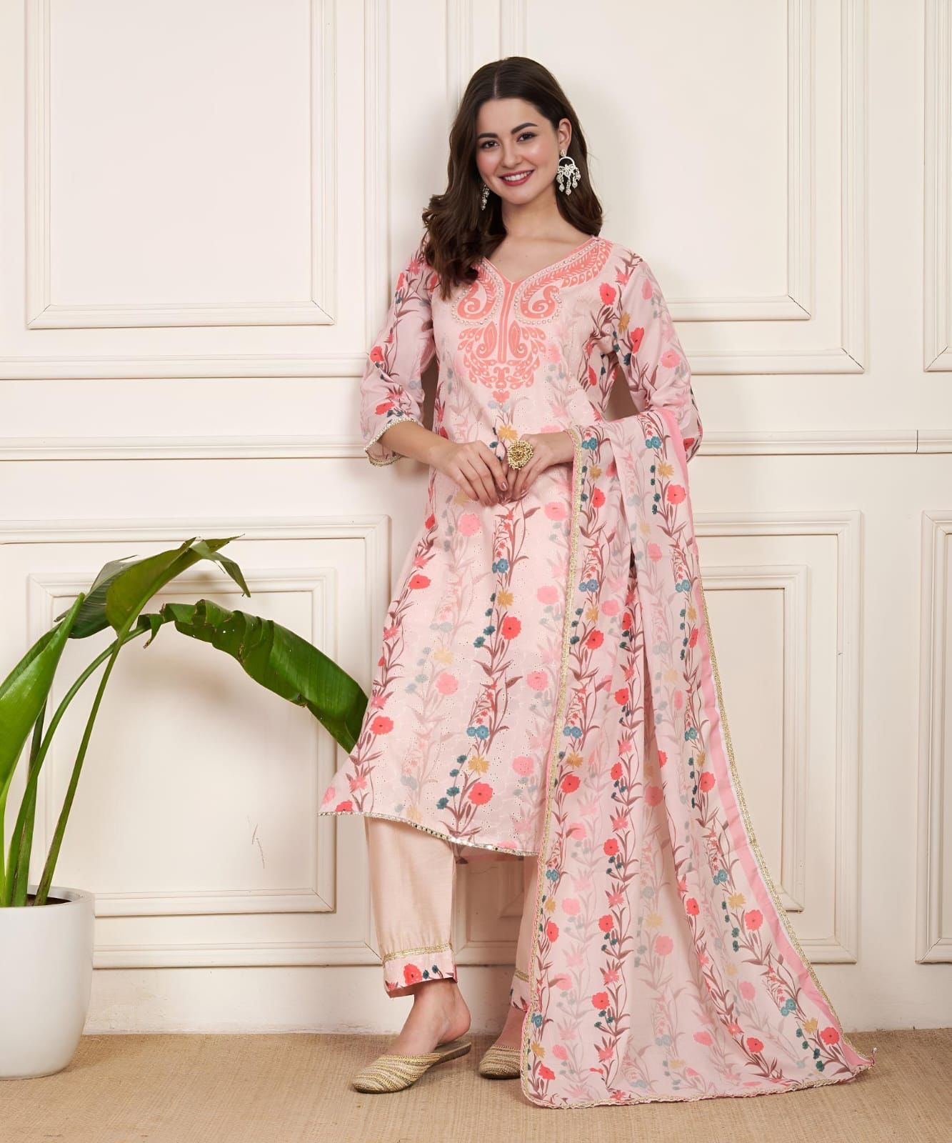 PAKISTANI BLAZE HANDPAINTED THEAM PURE SCHIFFLI LINEN COTTON SUIT SET OF 3