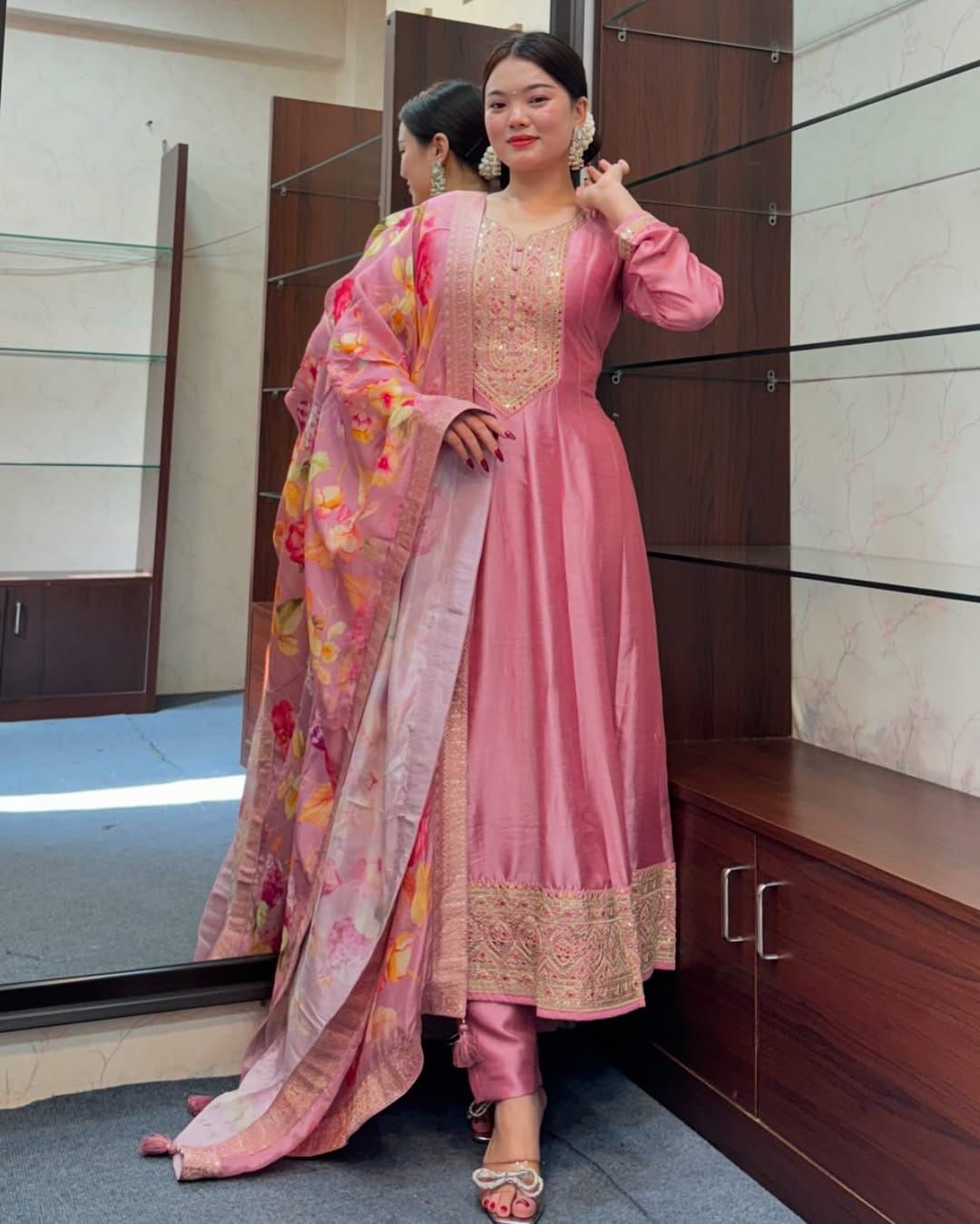 ASH ROSE PINK ANARKALI FLARED KURTI PANT DUPATTA - SET OF 3