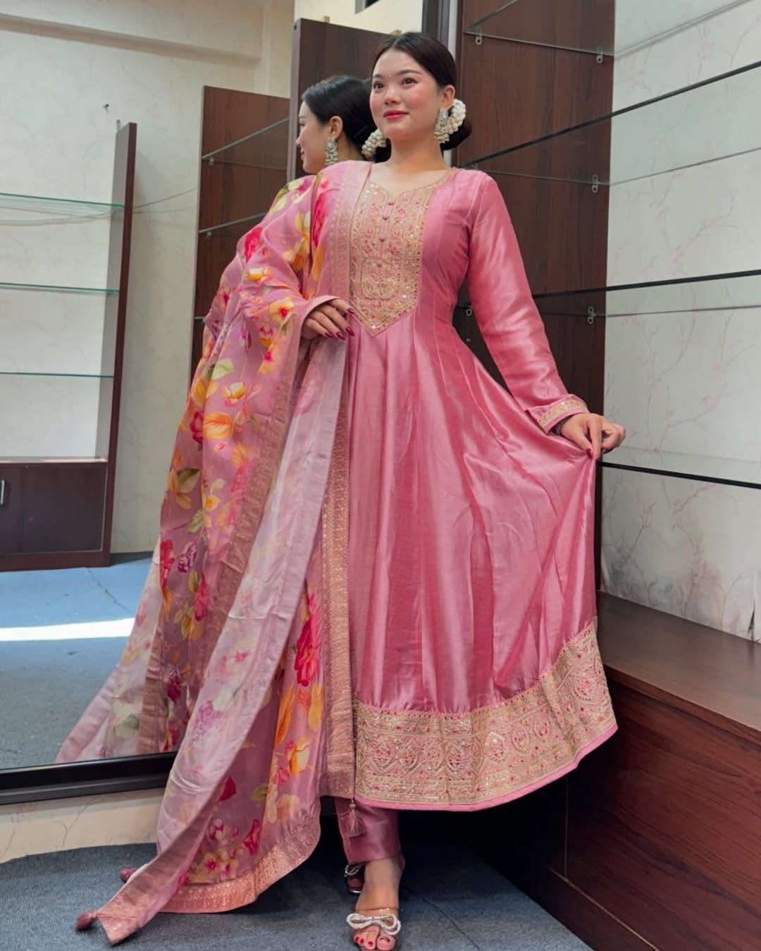 ASH ROSE PINK ANARKALI FLARED KURTI PANT DUPATTA - SET OF 3