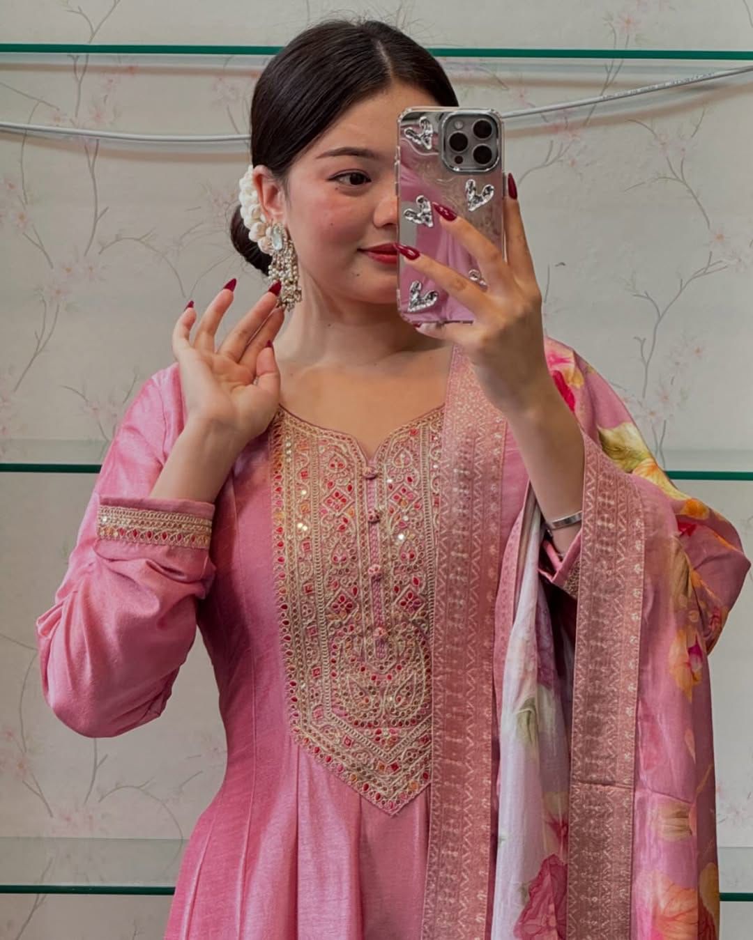 ASH ROSE PINK ANARKALI FLARED KURTI PANT DUPATTA - SET OF 3