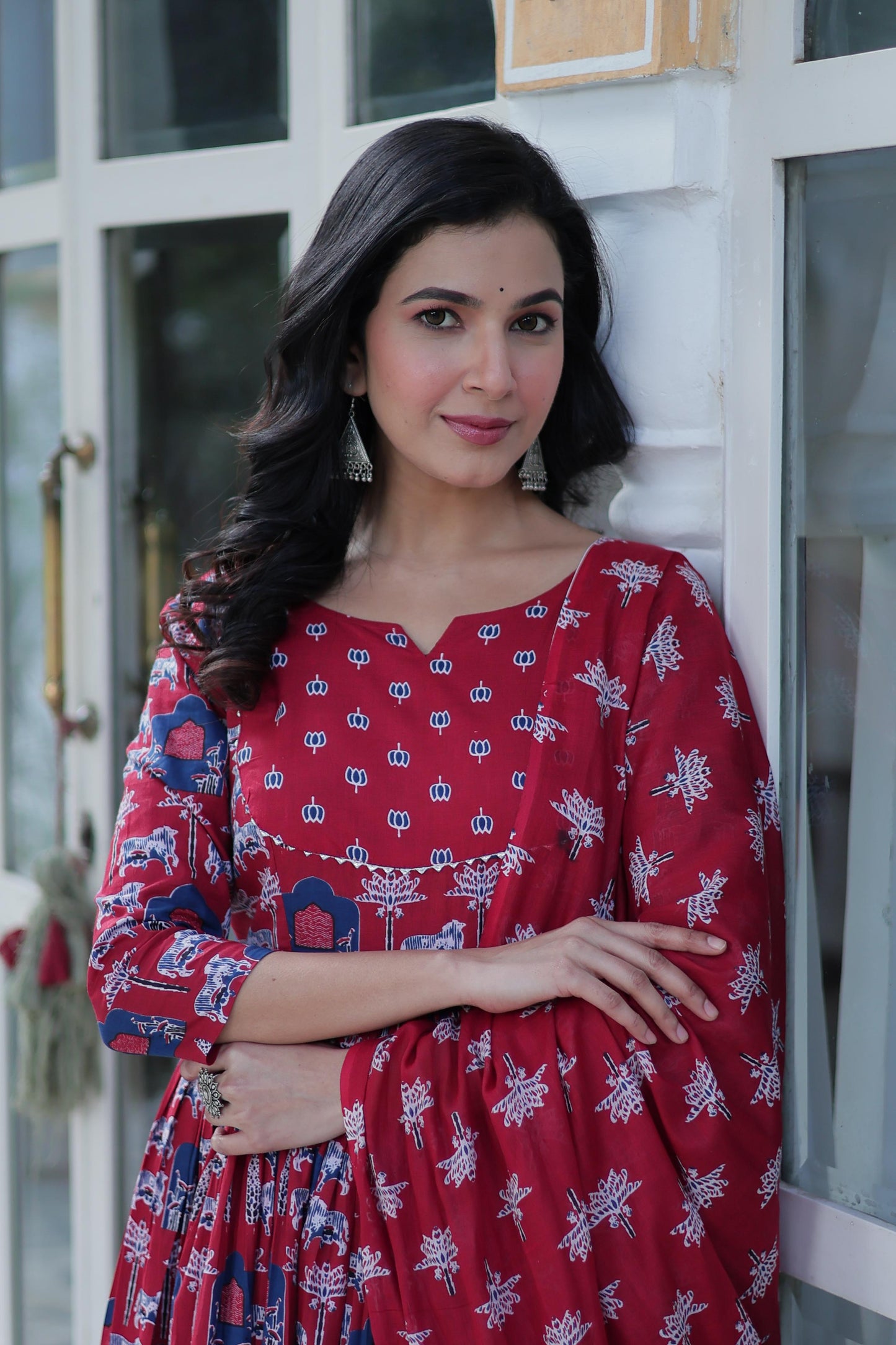 AJARAKH PAISLEY PRINT KURTI WITH PANT & DUPATTA SET - RED