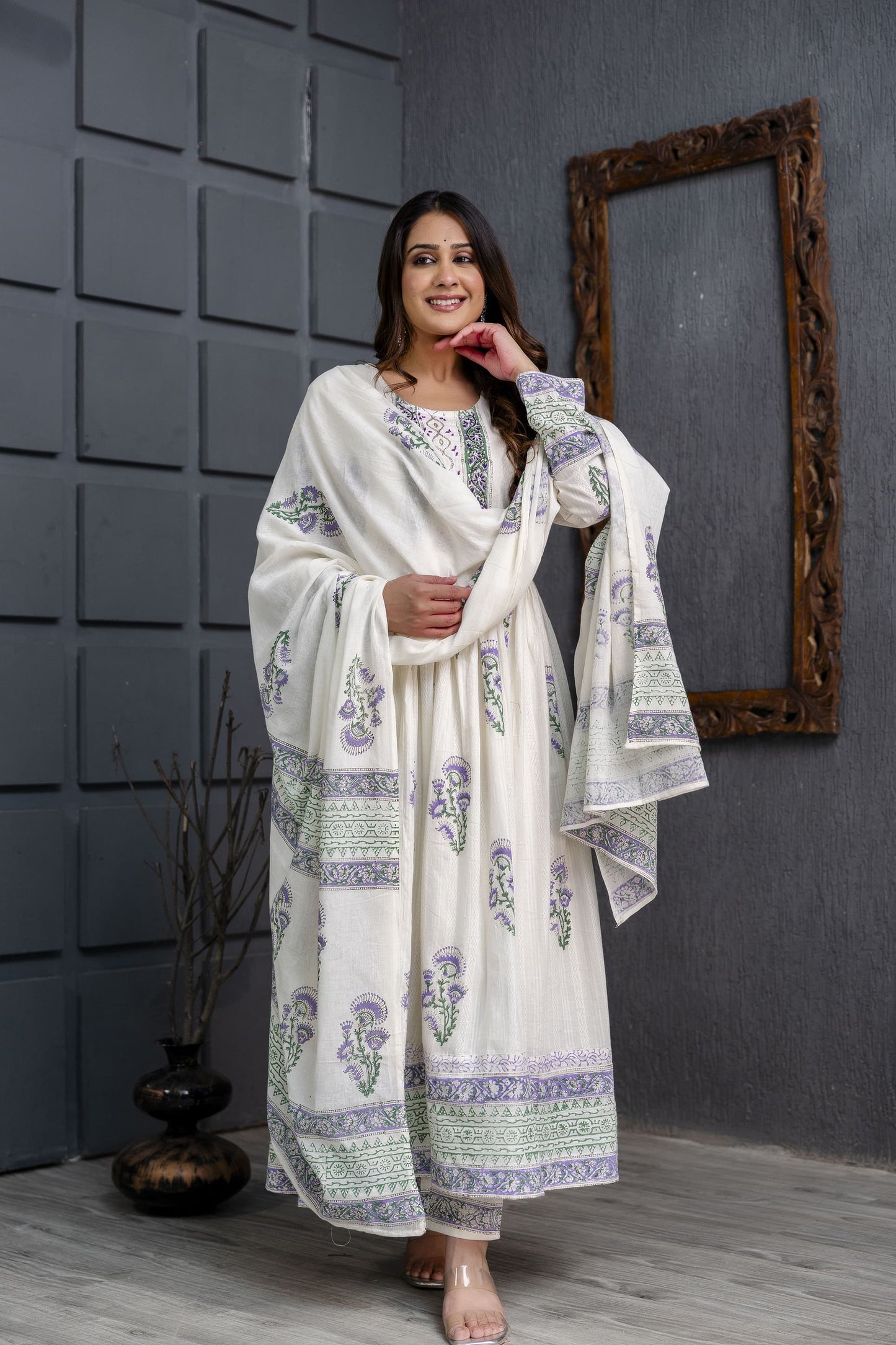 ABAYA STYLE SUIT IN HAND BLOCK PRINTED WITH HAND WORK- PURE COTTON - SET OF 3