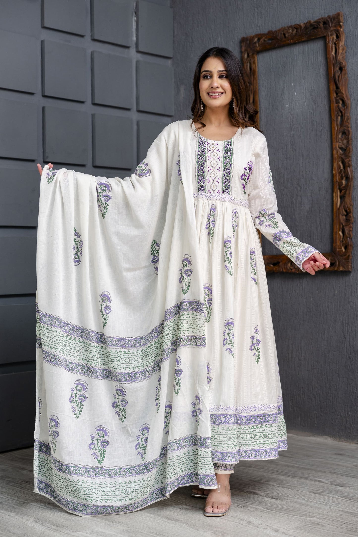 ABAYA STYLE SUIT IN HAND BLOCK PRINTED WITH HAND WORK- PURE COTTON - SET OF 3
