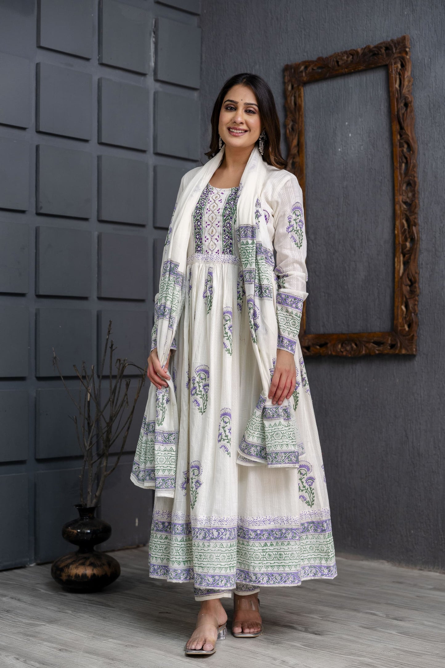 ABAYA STYLE SUIT IN HAND BLOCK PRINTED WITH HAND WORK- PURE COTTON - SET OF 3