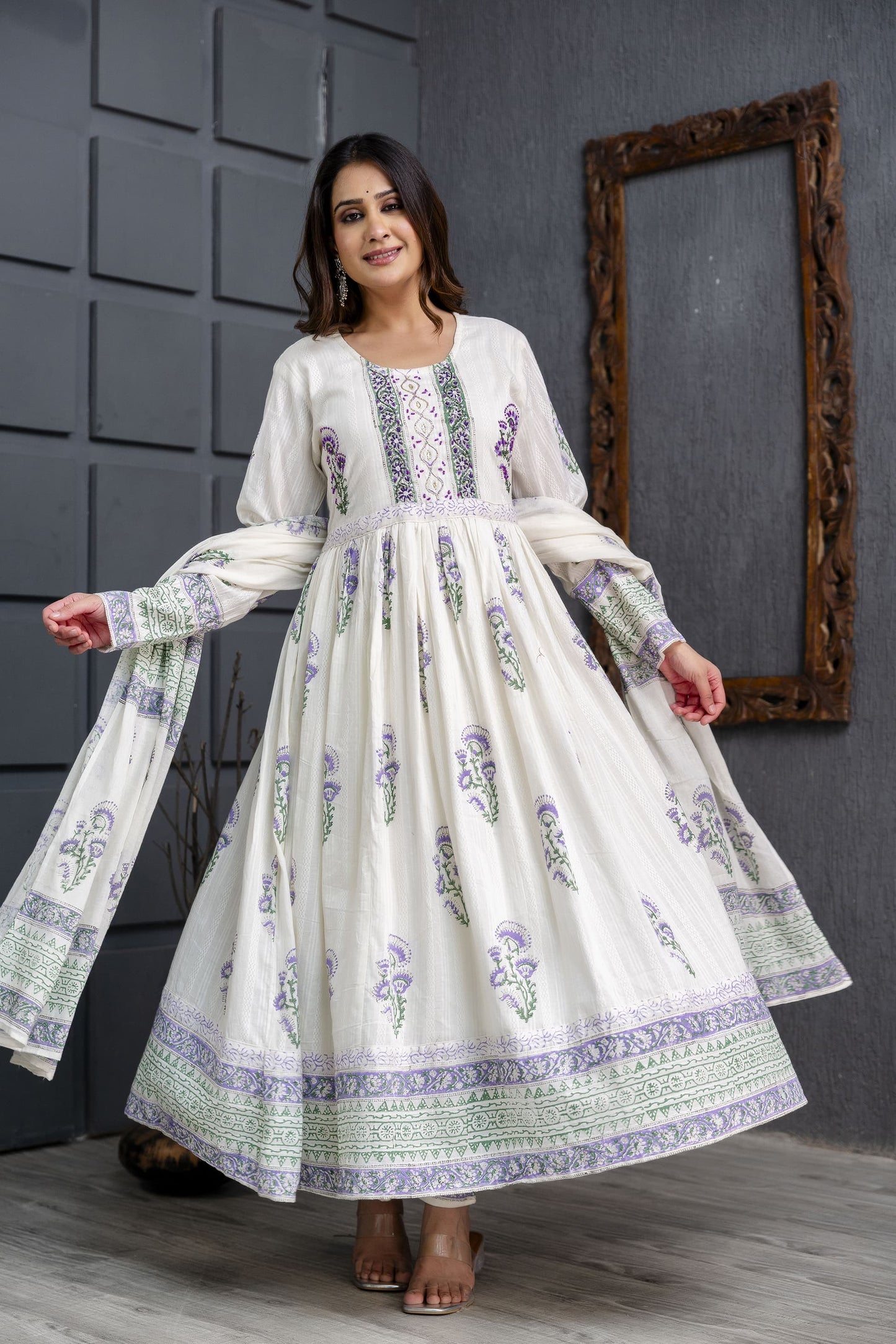 ABAYA STYLE SUIT IN HAND BLOCK PRINTED WITH HAND WORK- PURE COTTON - SET OF 3
