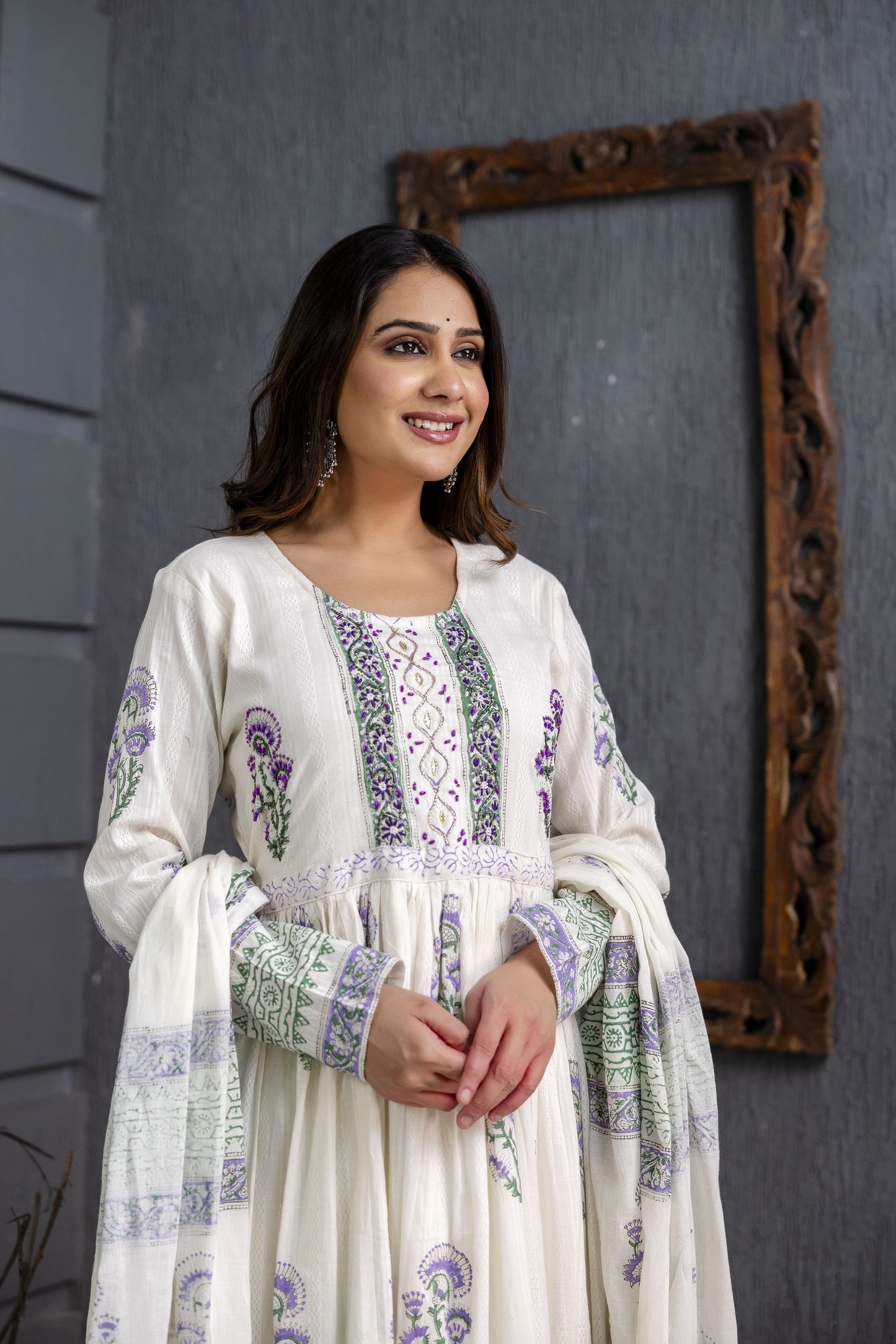 ABAYA STYLE SUIT IN HAND BLOCK PRINTED WITH HAND WORK- PURE COTTON - SET OF 3
