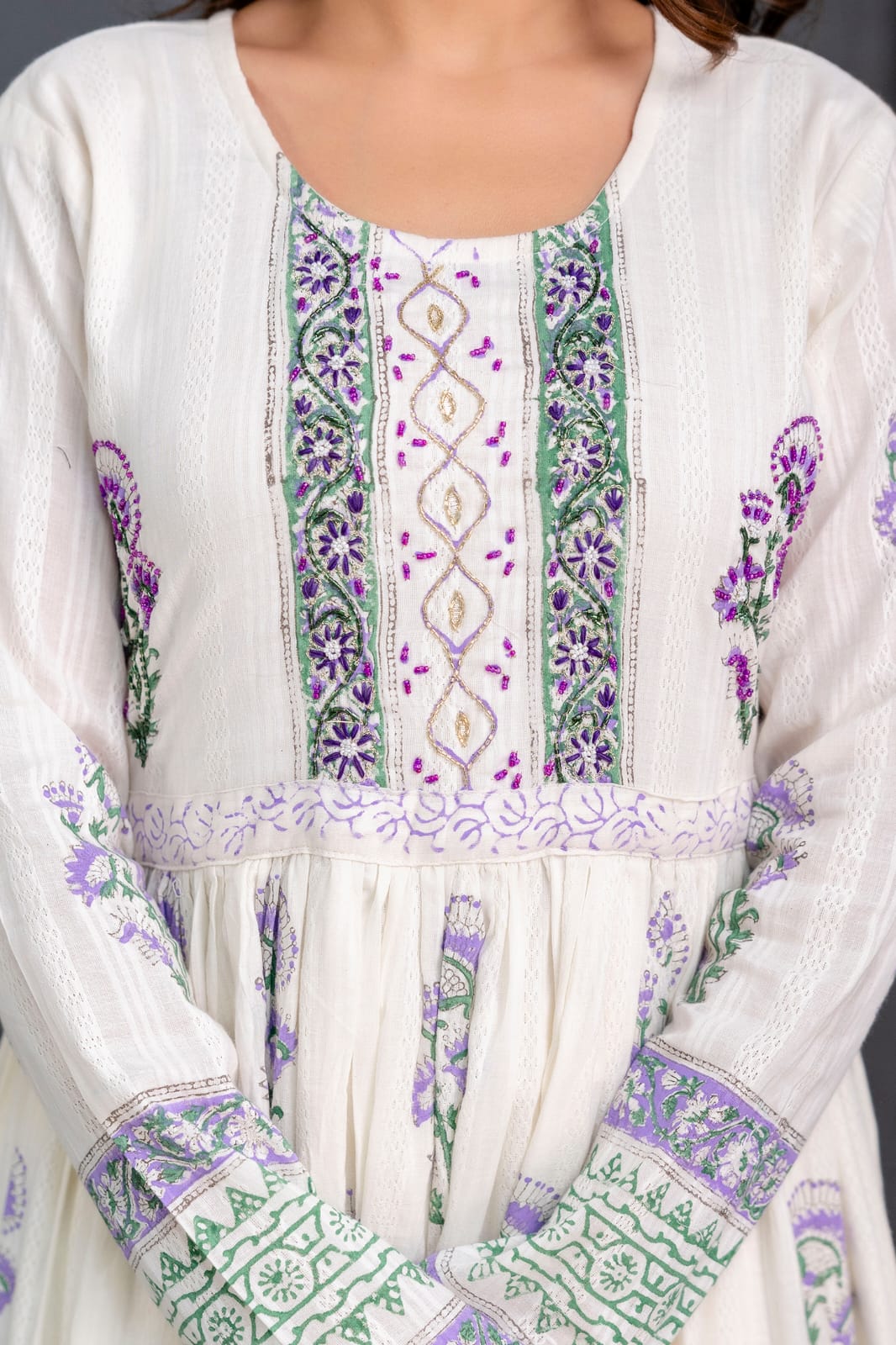 ABAYA STYLE SUIT IN HAND BLOCK PRINTED WITH HAND WORK- PURE COTTON - SET OF 3