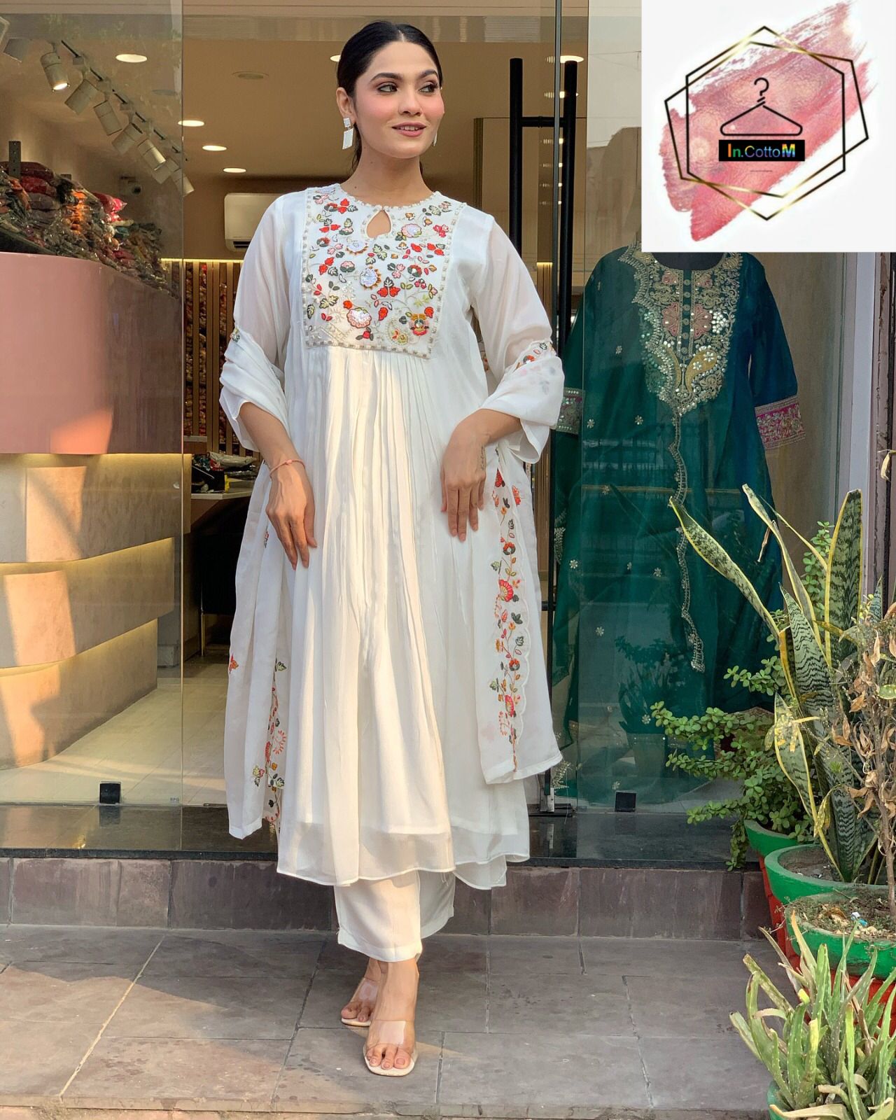 CHINON FABRIC WHITE ANARKALI SET - (SET OF 3)