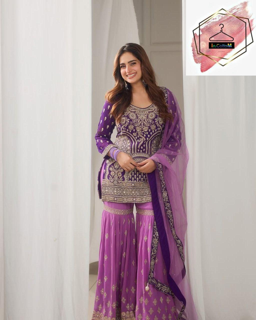 ROYAL PURPLE EMBROIDERY SHARARA SUIT SET IN FAUX GEORGETTE SEQUENCE WORK