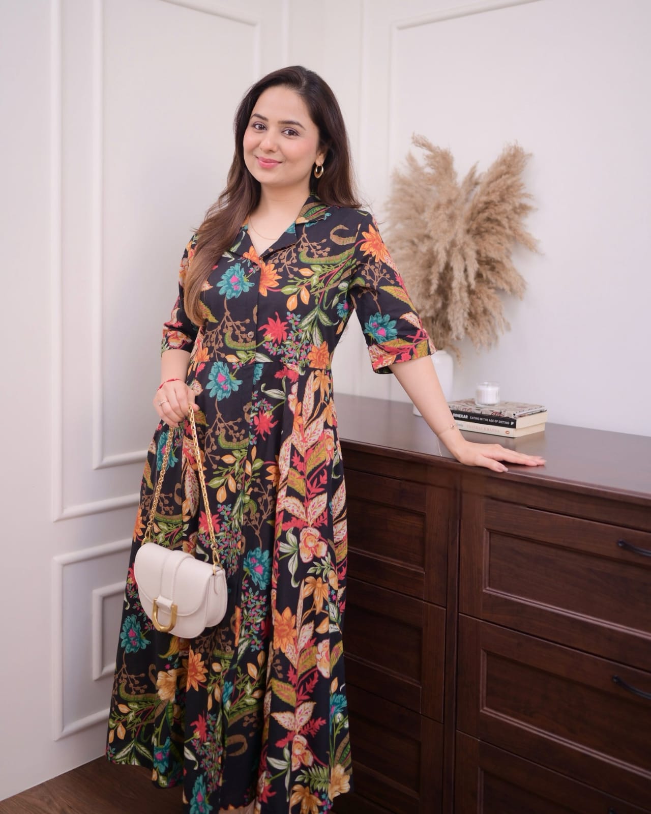 BLACK MULTI FLORAL COTTON A LINE DREES