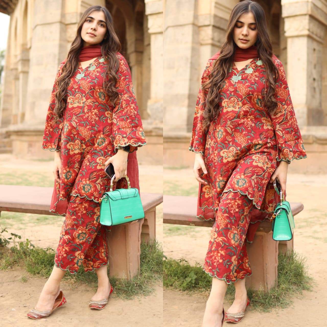 MARIA MAROON CONTRAST GREEN SCALLOPS CO-ORD SET PAIRED WITH KOTA DORIA DUPATTA EMBROIDERED 2
