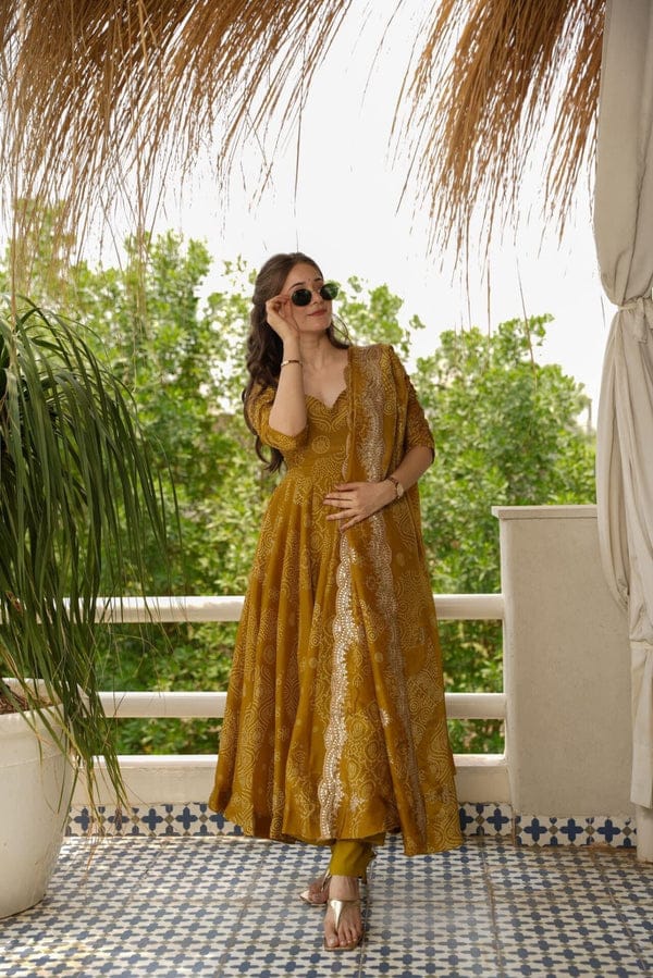 HEAVY FANCY MUSTED YELLOW ANARKALI DREES FO WOMEN