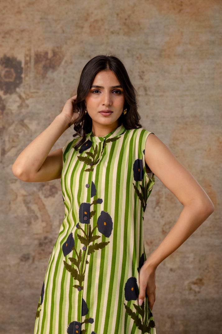 LA ROSE HAND BLOCK COTTON A-LINE SLEEVE LESS KUTA PANT SET