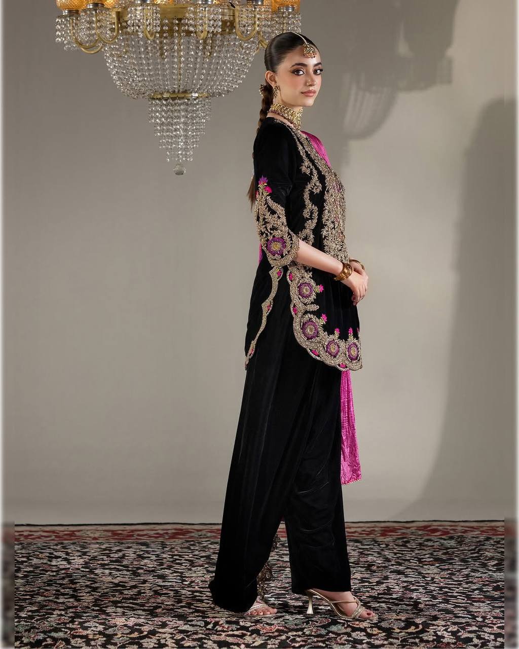 TWIRL IN ELEGANCE EXCLUSIVE FARSI SALWAR SUIT IN FRENCH CRAPE FABRIC TOP PANT DUPATTA
