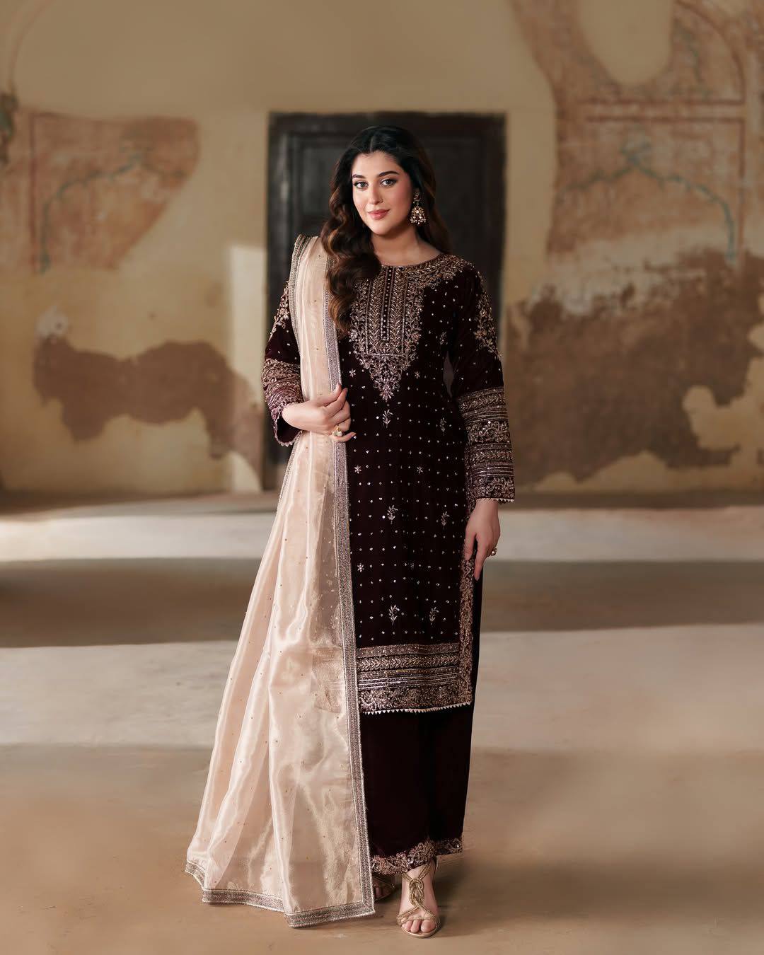 MAROON PREMIUM VELVET EMBROIDERY WORK LACE SALWAR SUIT