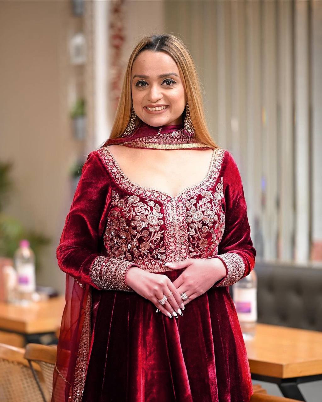 MAROON - DESIGNER EMBROIDERD HEAVY VELVET ANARKALI WITH DUPATTA & PLAZZO