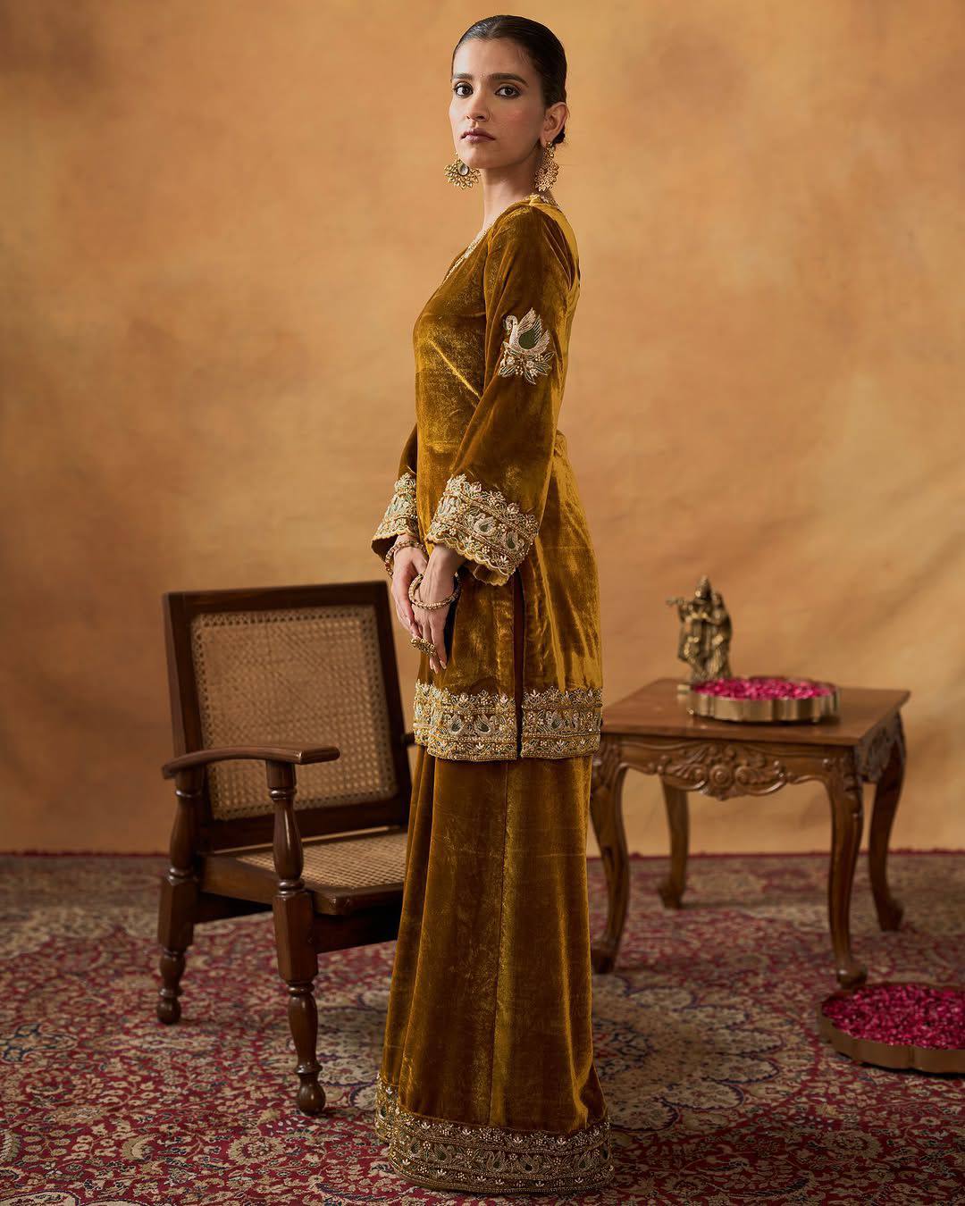 YELLOW SILK, VELVET, TISSUE EMBROIDERY , ZARI SPLIT ZAINAB KURTA PLAZZO SET