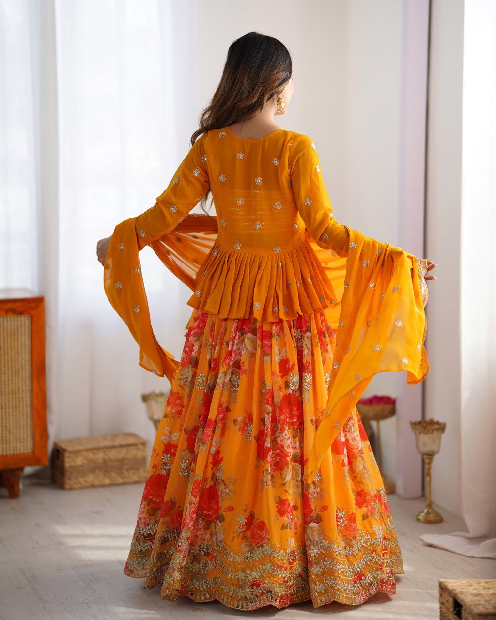 ORANGE PRINTED LEHENGA CHOLI WITH KOTI