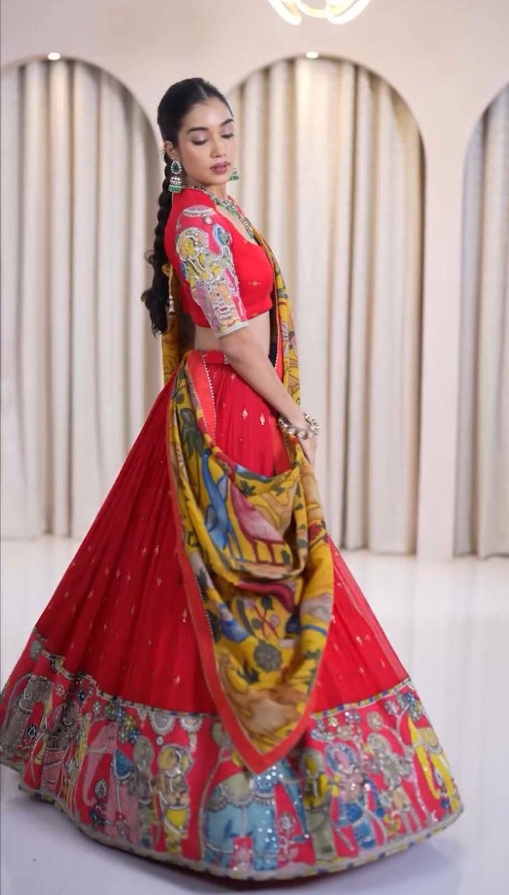RED PREMIUM KALAMKARI PRINT LEHENGA CHOLI SET