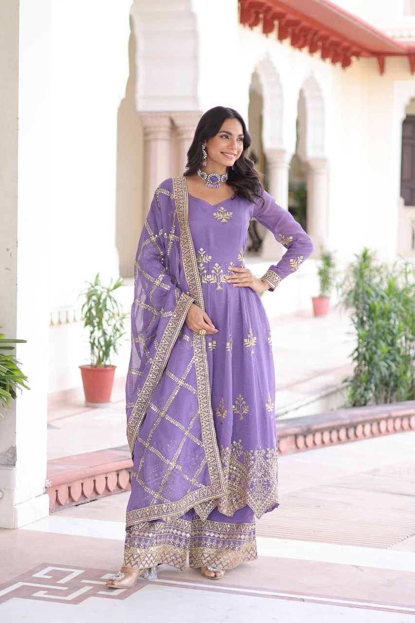 LAVENDER GOWN , BOTTOM & DUPATTA WITH EMBROIDERY WORK (FULLY STTITCHED)