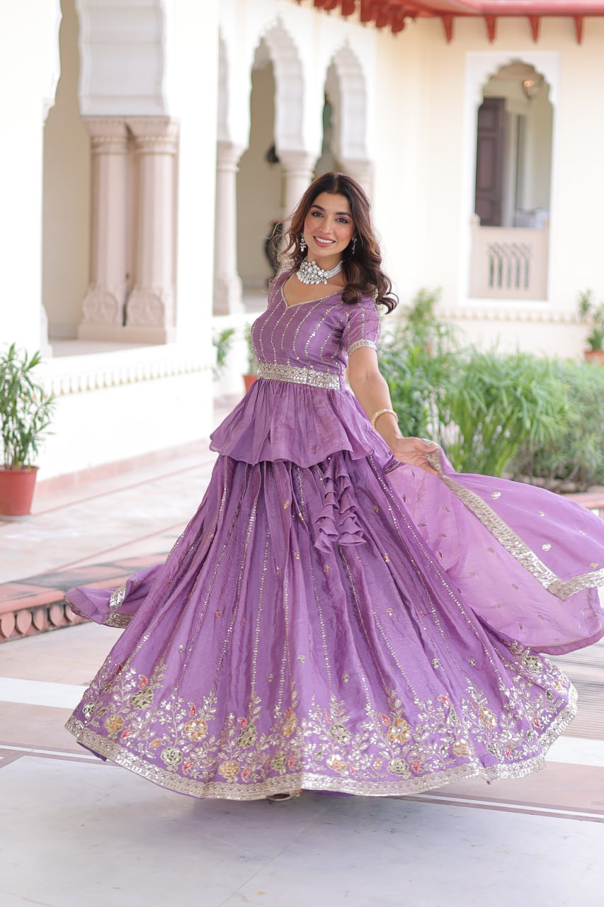LAVENDER - GOLD CRUSH LEHENGA CHOLI WITH MULTI THREAD EMBROIDERY ZARI SEQUENCE WORK